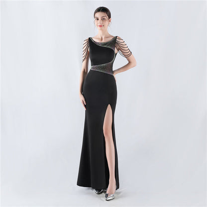 Dress Heavy Embroidery Drilling Give Sheer Mesh High Fork Satin Evening Dress Annual Meeting Wedding