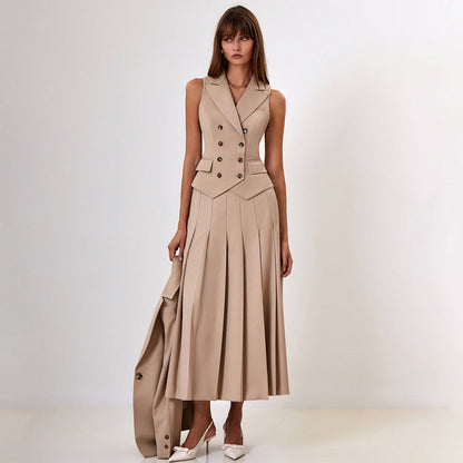 Autumn Elegant Maxi Skirt Sleeveless Vest Pleated Dress Two Piece Sets