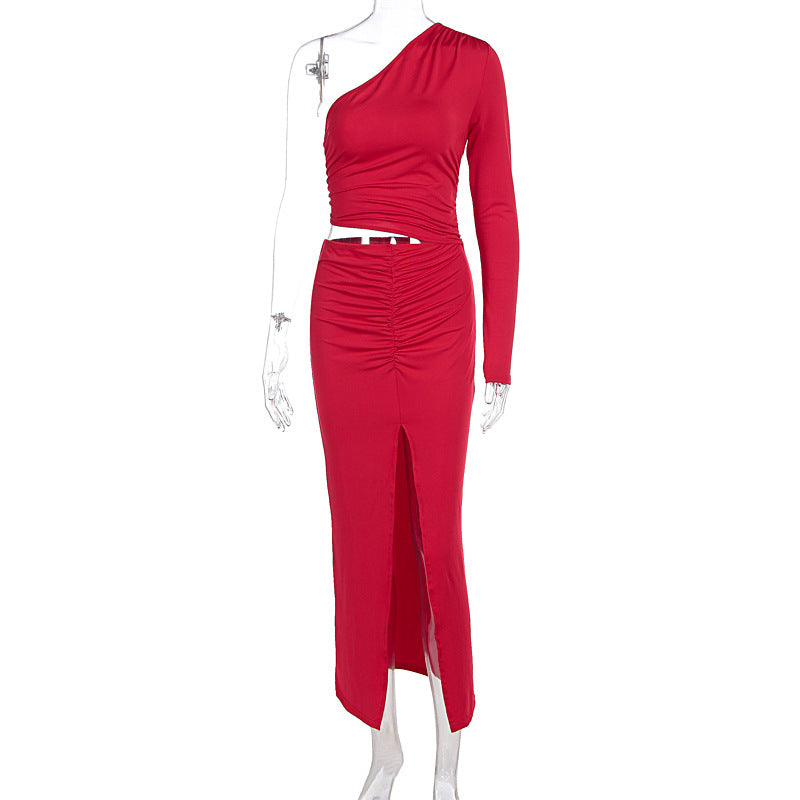 Women Clothing Autumn Winter Sexy Solid Color Split Slim Fit Diagonal Collar Floor Dress Women