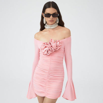 Pink Bell Sleeve Floral Dress Pleating Tube Top Dress Design Women Clothing
