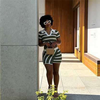 Women Clothing Autumn Polo Collar Short Sleeve Striped Color Matching Knitted Short Slim Hip Skirt Set