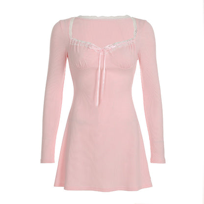 Sexy Girlish Lace Stitching Pleated Tie V neck Long Sleeve Dress Slimming Cinched Short Dress