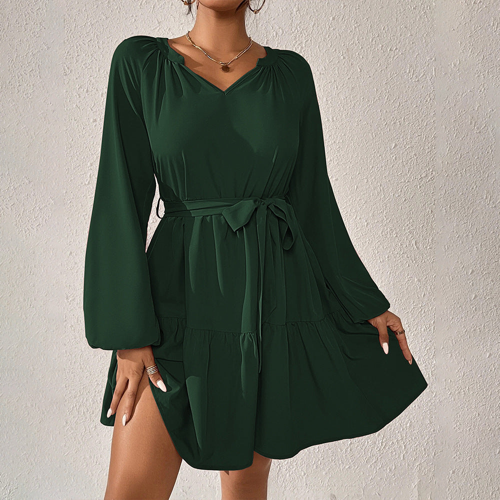 Women Clothing Spring/Summer Loose Casual Waist Tight Long Sleeve Ruffled Dress
