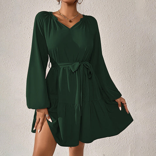 Women Clothing Spring/Summer Loose Casual Waist Tight Long Sleeve Ruffled Dress