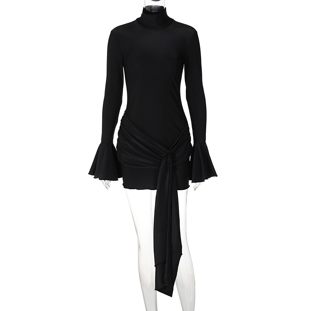 Women Clothing Autumn Solid Color Half Collar Bell Sleeve Sexy Tight Hip