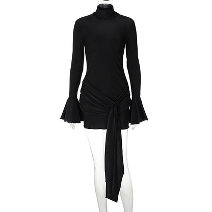 Women Clothing Autumn Solid Color Half Collar Bell Sleeve Sexy Tight Hip