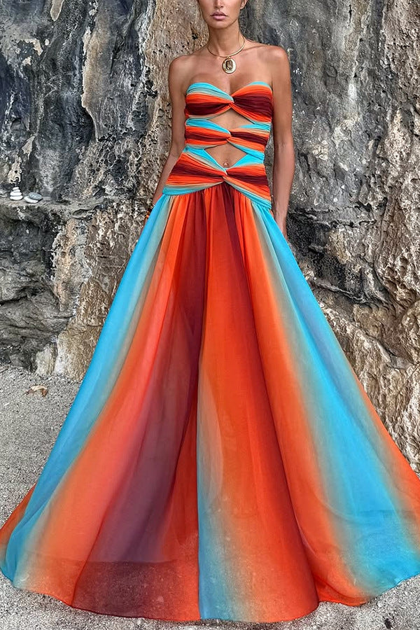 Ladies' Sunset Sexy strapless Fashion Tassel Printed Twisted Hollow Off Shoulder Vacation Long Dress