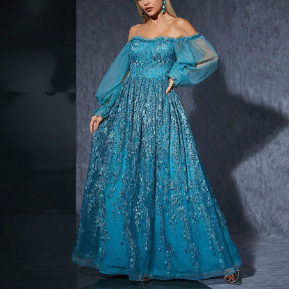 Off Shoulder Bubble Sleeve Drop down Evening Dress Host Performance Elegant Dress