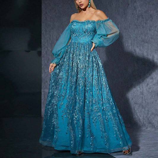 Off Shoulder Bubble Sleeve Drop down Evening Dress Host Performance Elegant Dress