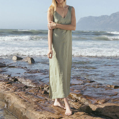 Summer Casual Front Back V Neck Dress Linen Sleeveless High Waist Split Knee Length Backless Cotton Linen Vest Dress