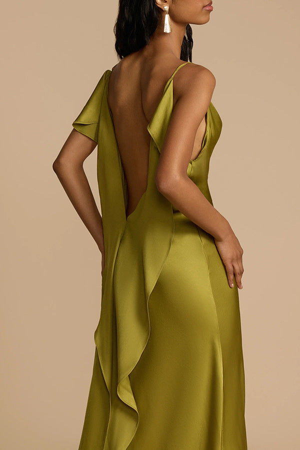 Evening Date Satin Cowl Neck Drape Ruffle Backless Bias Cut Party Maxi Dress