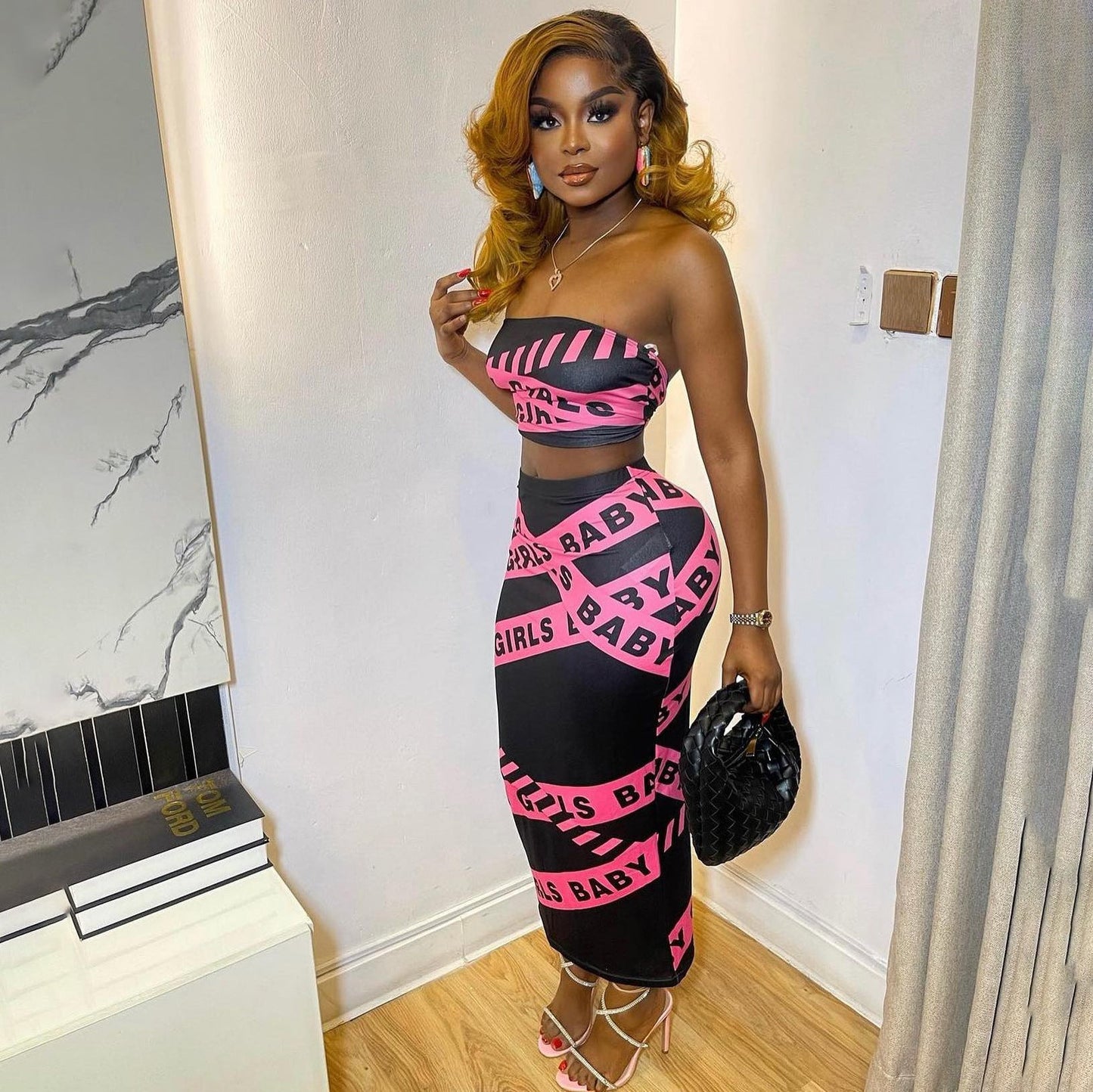 Spring Summer Sleeveless Letter Graphic Print Tube Top Long Skirt Women Set