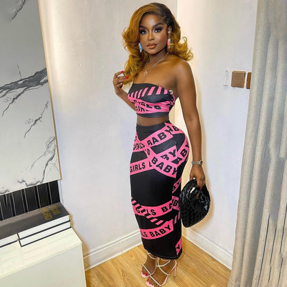 Spring Summer Sleeveless Letter Graphic Print Tube Top Long Skirt Women Set
