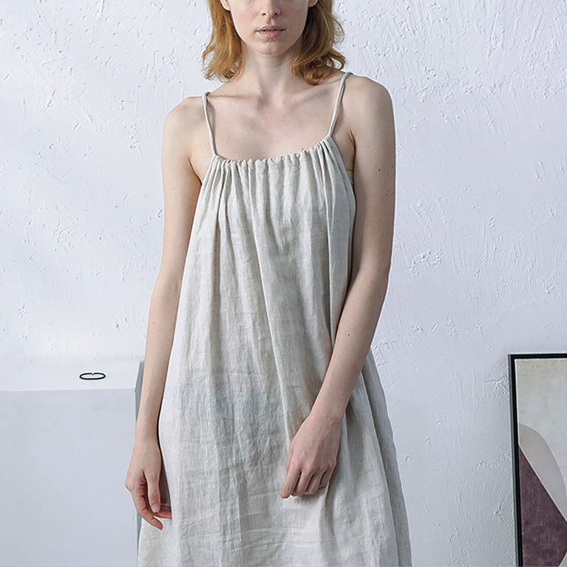 Summer Linen Cami Dress Halter Strap Reverse Cotton Linen Niche Design Maxi Dress Women Clothing