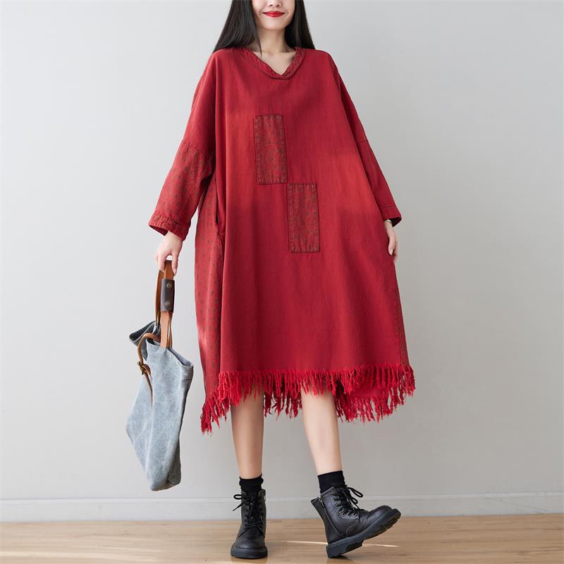 V neck Long Tassel Sweater Washed Dots Patch Long Sleeves Dress Slimming