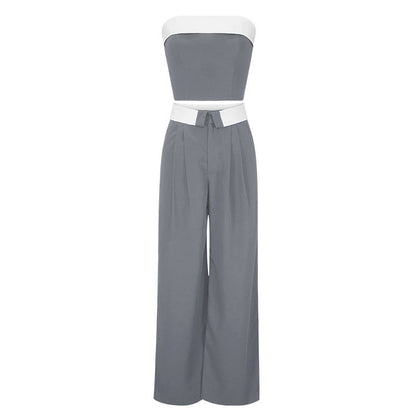 Spring Summer Contrast Color Vest Wide Leg Work Pant Casual Two Piece Suit