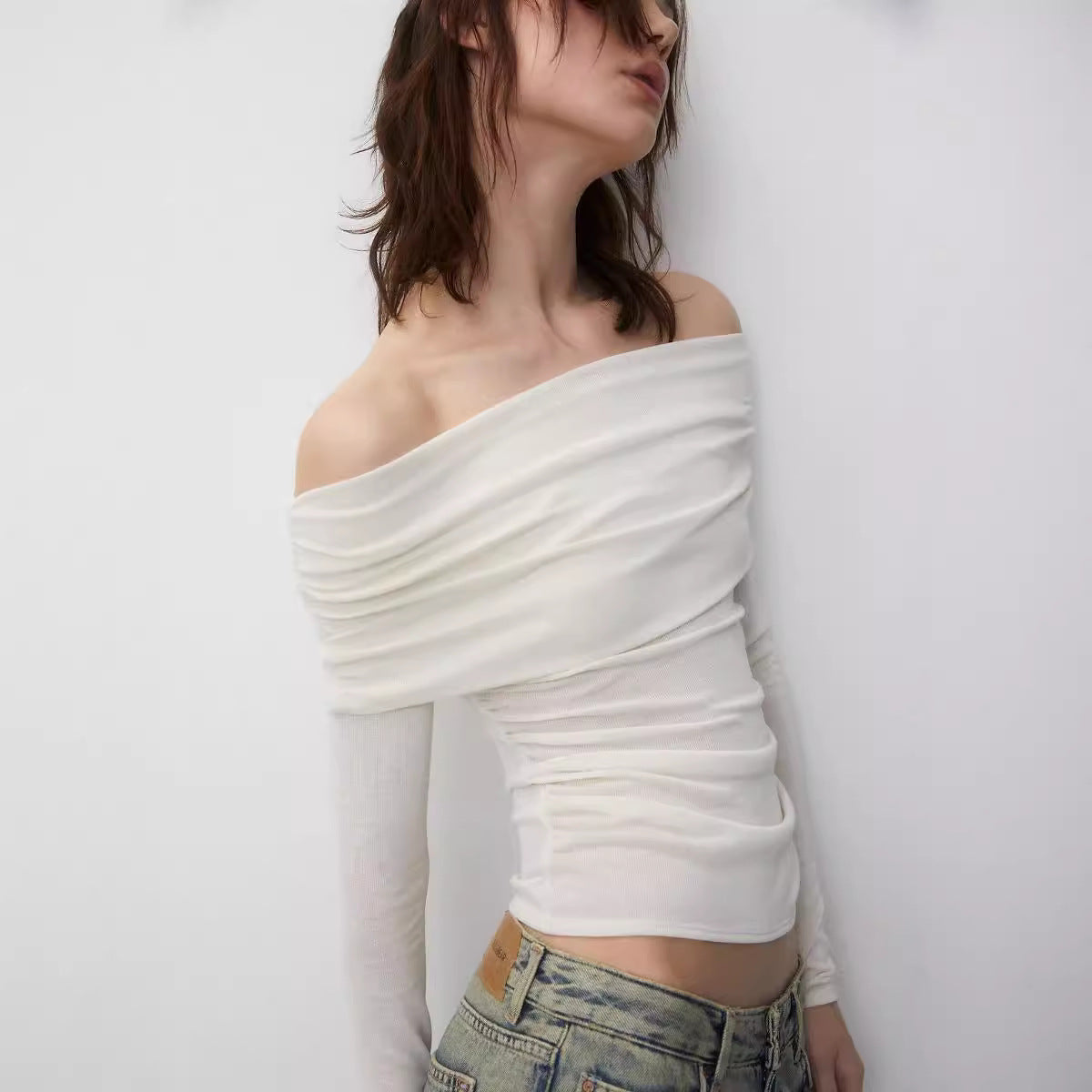 Sexy Strapless Long Sleeve T shirt Solid Color Elegant Sexy Slim Fit Crop Top