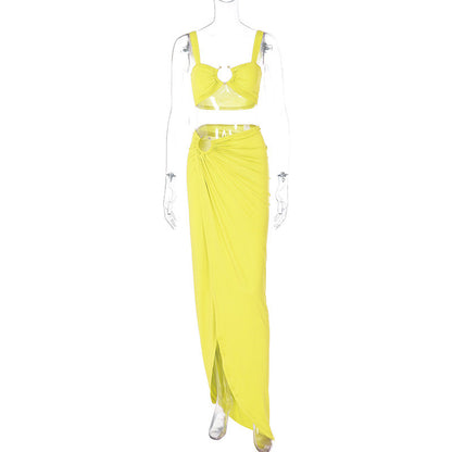 Women Clothing Spring Summer Sexy Sling Bandeau Slim Fit Fold Split Skirt Set