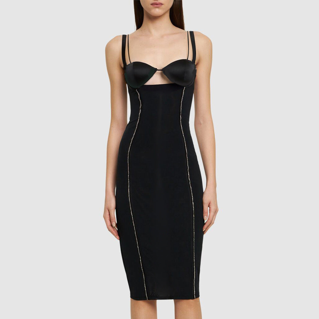 Women Fashionable Tight Stretch Sling Dress Cocktail Dress Winter Black Inner