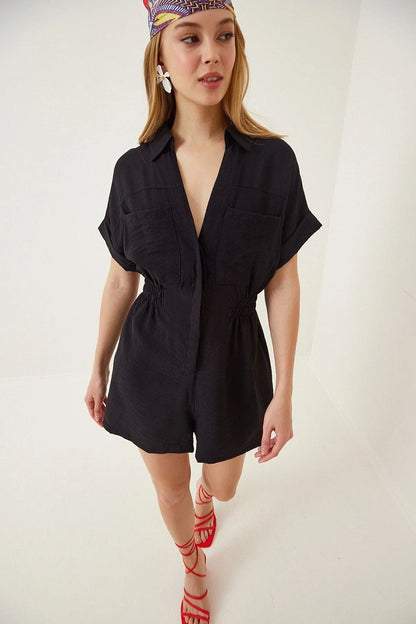 Women Short Sleeve Waist Controlled Loose Slimming Cotton Linen Casual Wide Leg Shorts