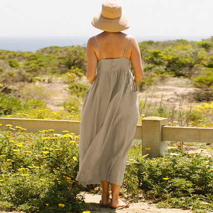 Summer Pure Cotton Sling Dress French Design Large Pocket Loose Slim Fit Adjustable Shoulder Strap Midi Dress for Women