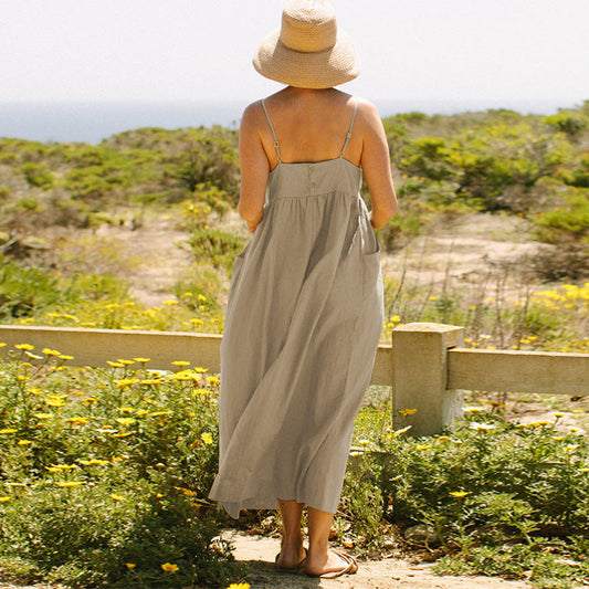 Summer Pure Cotton Sling Dress French Design Large Pocket Loose Slim Fit Adjustable Shoulder Strap Midi Dress for Women