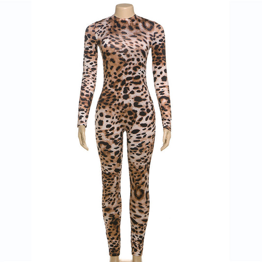 Winter Women Clothing Sexy Sexy round Neck Long Sleeve Contrast Color Animal Leopard Color Tight Jumpsuit