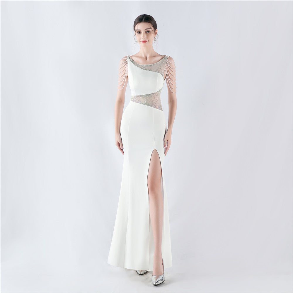 Dress Heavy Embroidery Drilling Give Sheer Mesh High Fork Satin Evening Dress Annual Meeting Wedding