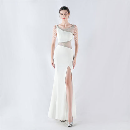 Dress Heavy Embroidery Drilling Give Sheer Mesh High Fork Satin Evening Dress Annual Meeting Wedding