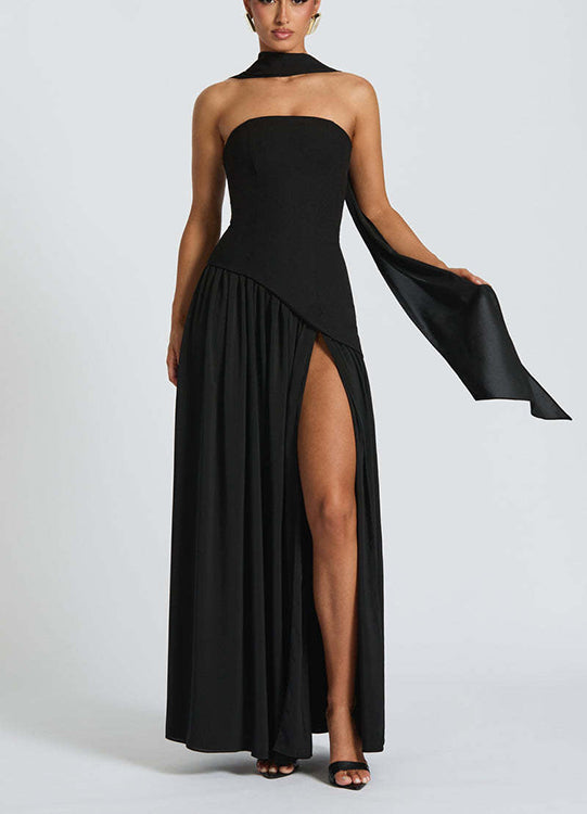  Strapless Back Lace-up High Slit Splice Maxi Dress