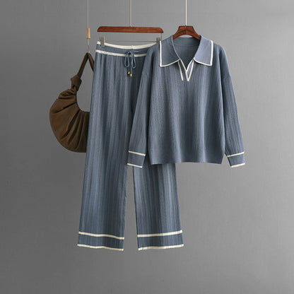Autumn Winter Polo Collar Contrast Color Casual Set High Waist Slimming Knitted Two Piece Set