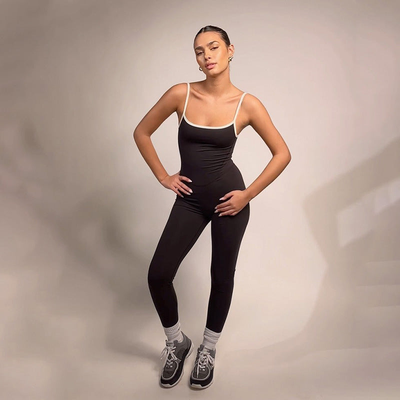 Women Clothing Edge Adjustable Sling Jumpsuit Contrast Color Tight Sexy Yoga Sports One Piece Trousers