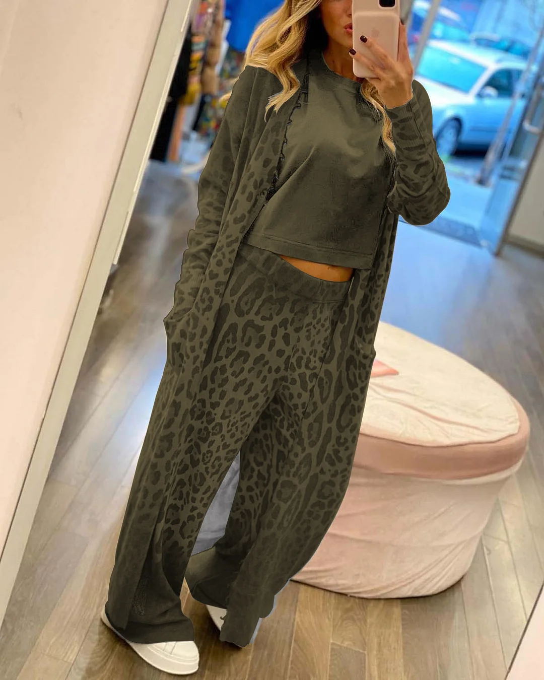 Spring Leopard Print Long Sleeve Cardigan Trousers Suit Two Piece Set for Women