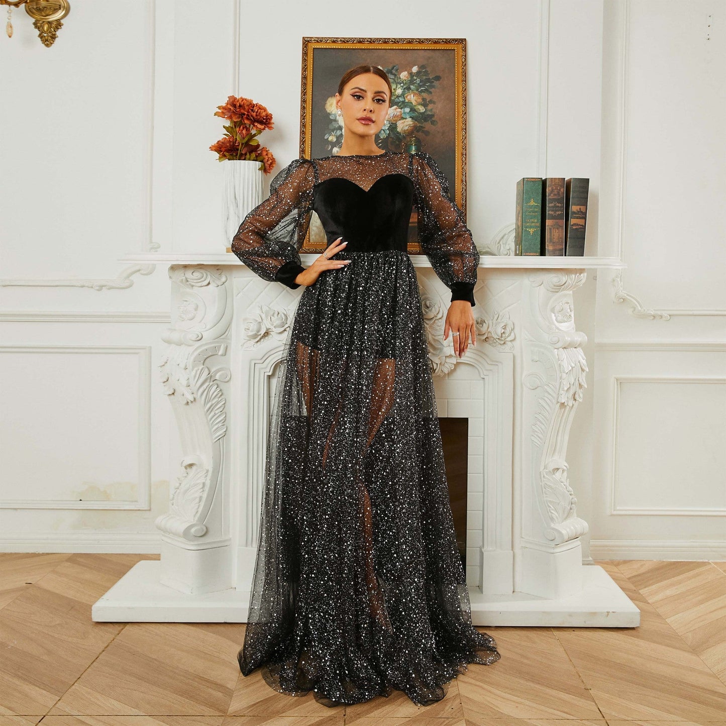 Long Sleeved round Neck Cocktail Sequin Gauze Large Swing Evening Dress Bridesmaid Dress Women