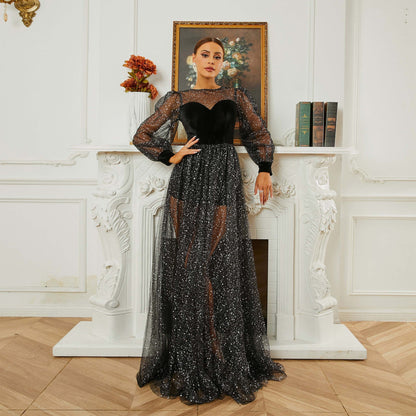 Long Sleeved round Neck Cocktail Sequin Gauze Large Swing Evening Dress Bridesmaid Dress Women