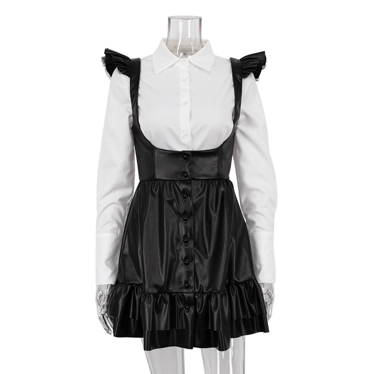 Women Clothing Autumn Black White Contrast Color Preppy Suit Long Sleeve Shirt Slip Dress Two Piece Set