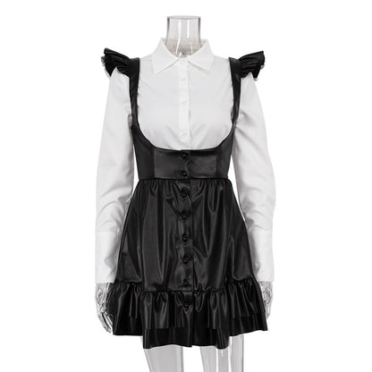 Women Clothing Autumn Black White Contrast Color Preppy Suit Long Sleeve Shirt Slip Dress Two Piece Set