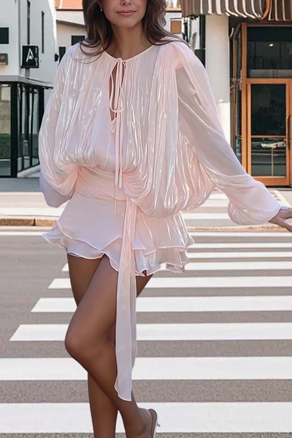 Ninah Glitter Fabric Pleated Balloon Sleeve Tiered Ruffle Hem Mini Dress