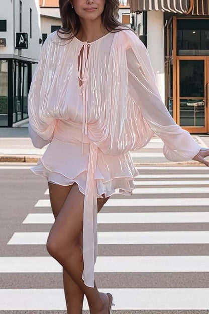 Ninah Glitter Fabric Pleated Balloon Sleeve Tiered Ruffle Hem Mini Dress