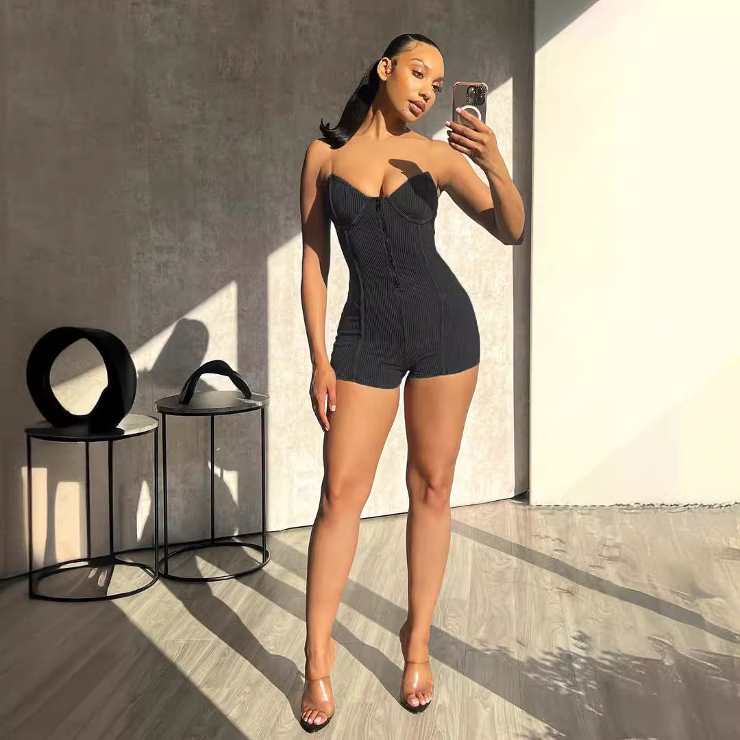 Women Tube Top See through Bra Straps Distressed Rib Sexy Jumpsuit Personality Suspender Shorts