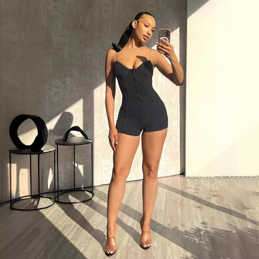 Women Tube Top See through Bra Straps Distressed Rib Sexy Jumpsuit Personality Suspender Shorts