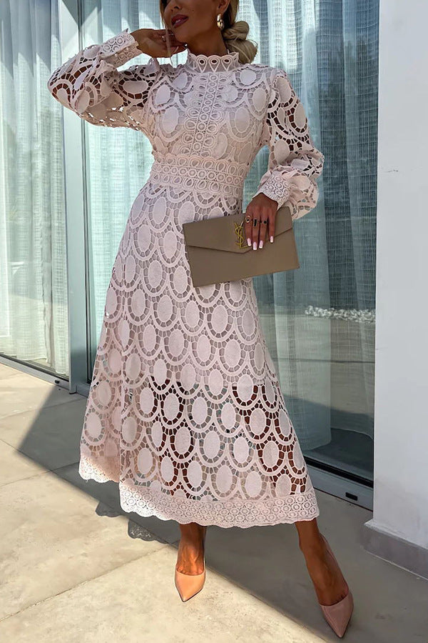 French party sensual party elegant crochet lace lantern sleeves party MIDI skirt 