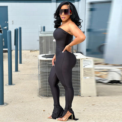 Women Clothing off Neck Stitching High Elastic Slit Slim Fitting Jumpsuit