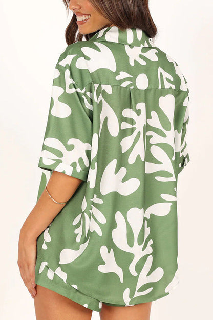 Women Clothing Polo Collar Printed Short Top Shorts Set