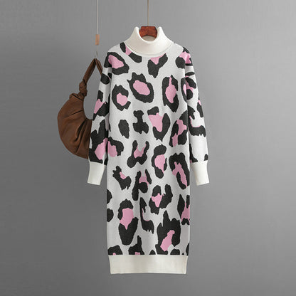 Autumn Winter Turtleneck Base Knitted Dress Leopard Print for Women