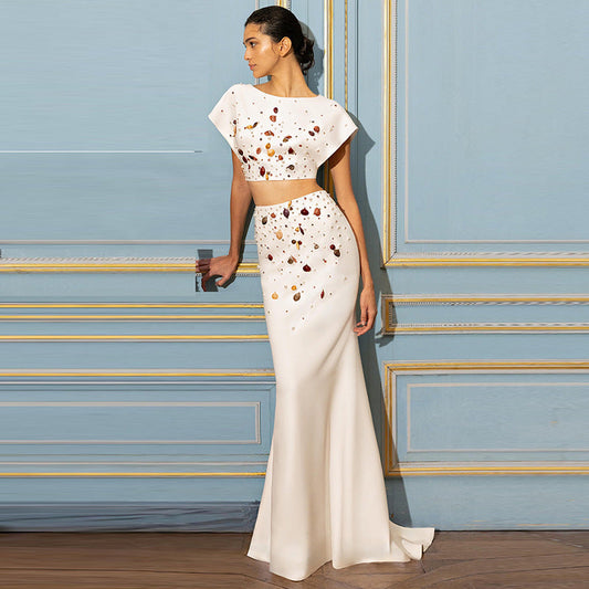 Star Heavy Industry Shell Beads Rhinestones Short Top Fishtail Mid Length Skirt Two Piece Sets