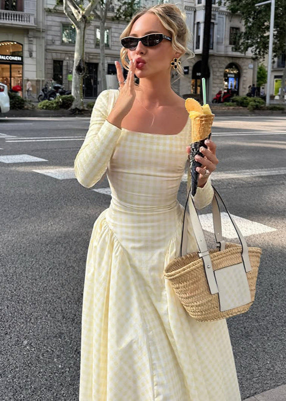 Pink Gingham Long Sleeve Midi Dress – Vintage Square Neck Fit and Flare