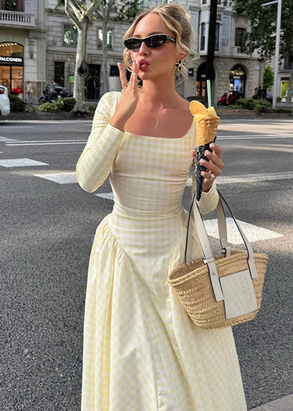 Pink Gingham Long Sleeve Midi Dress – Vintage Square Neck Fit and Flare