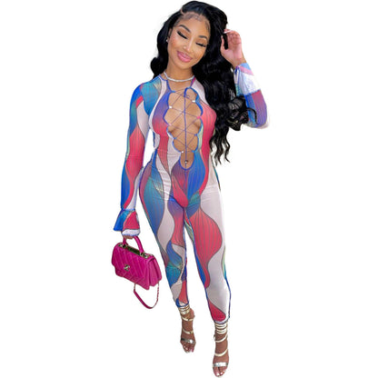 Sexy Slim Hollow Out Cutout Printed Lace up Ruffle Sleeve Jumpsuit Crisscross
