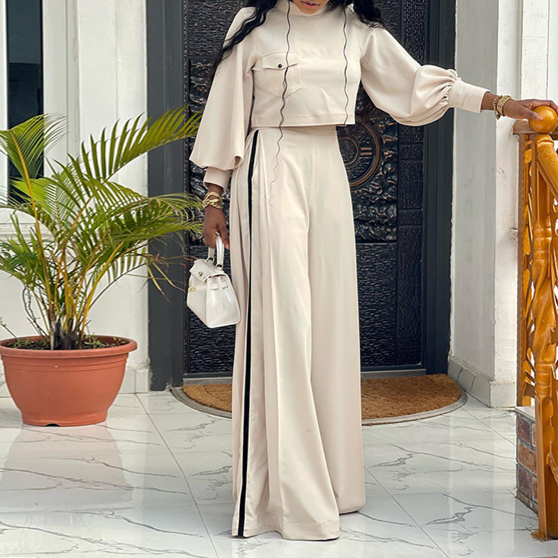 Women Clothing Spring Loose Mock Neck Long Sleeve Top Wide Leg Pants Casual Suit
